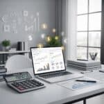 Modern consultant workspace showing laptop with pricing dashboard, calculator, and financial charts representing strategic consulting rate optimization and value-based pricing methods
