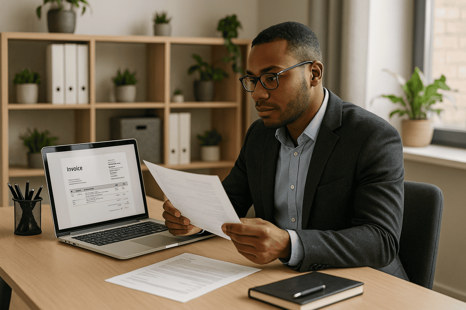 Professional consultant working on laptop with invoices and financial documents, representing comprehensive payment strategies and invoicing best practices for consulting businesses