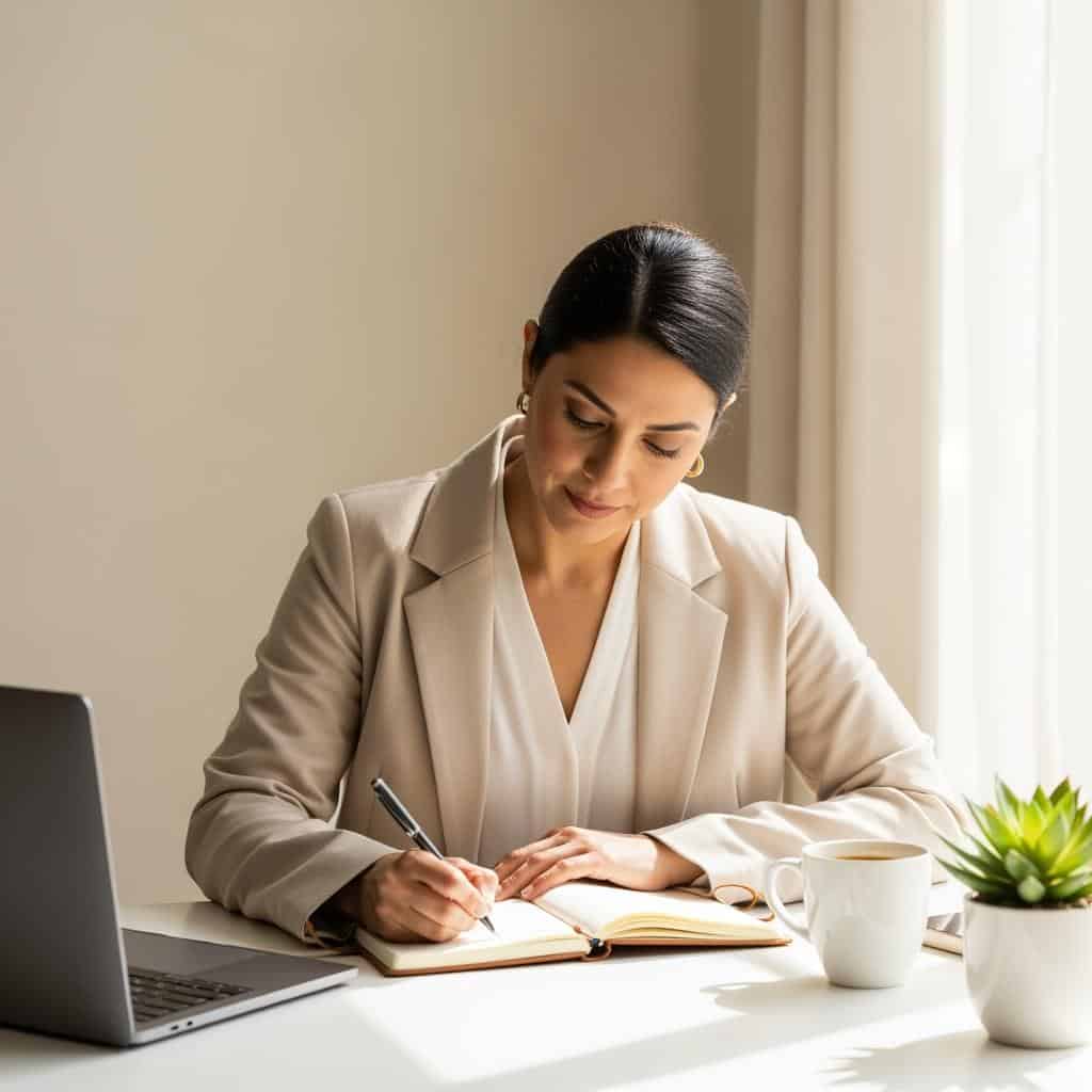 Professional consultant writing mission statement at modern desk - representing strategic business planning and purpose-driven consulting