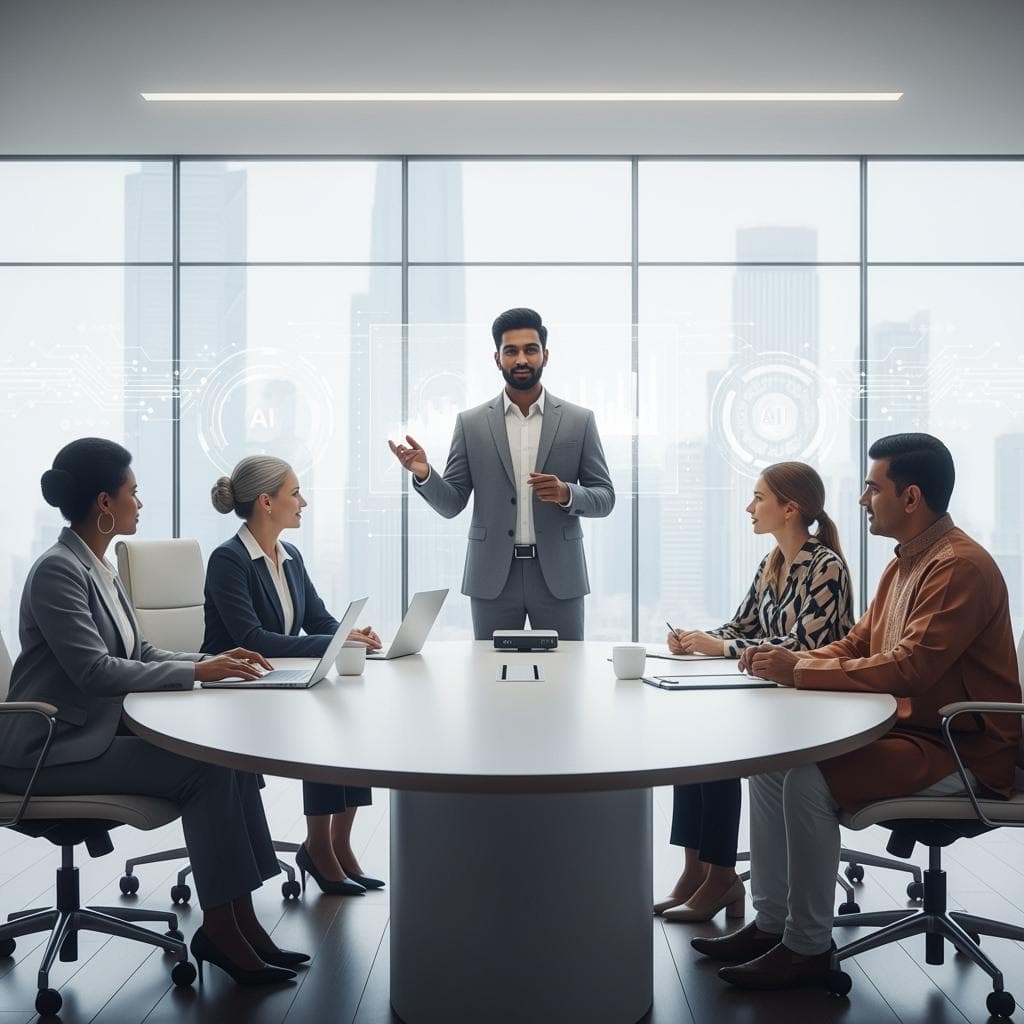 Professional consultant presenting AI-powered business strategy to diverse executive team in modern conference room