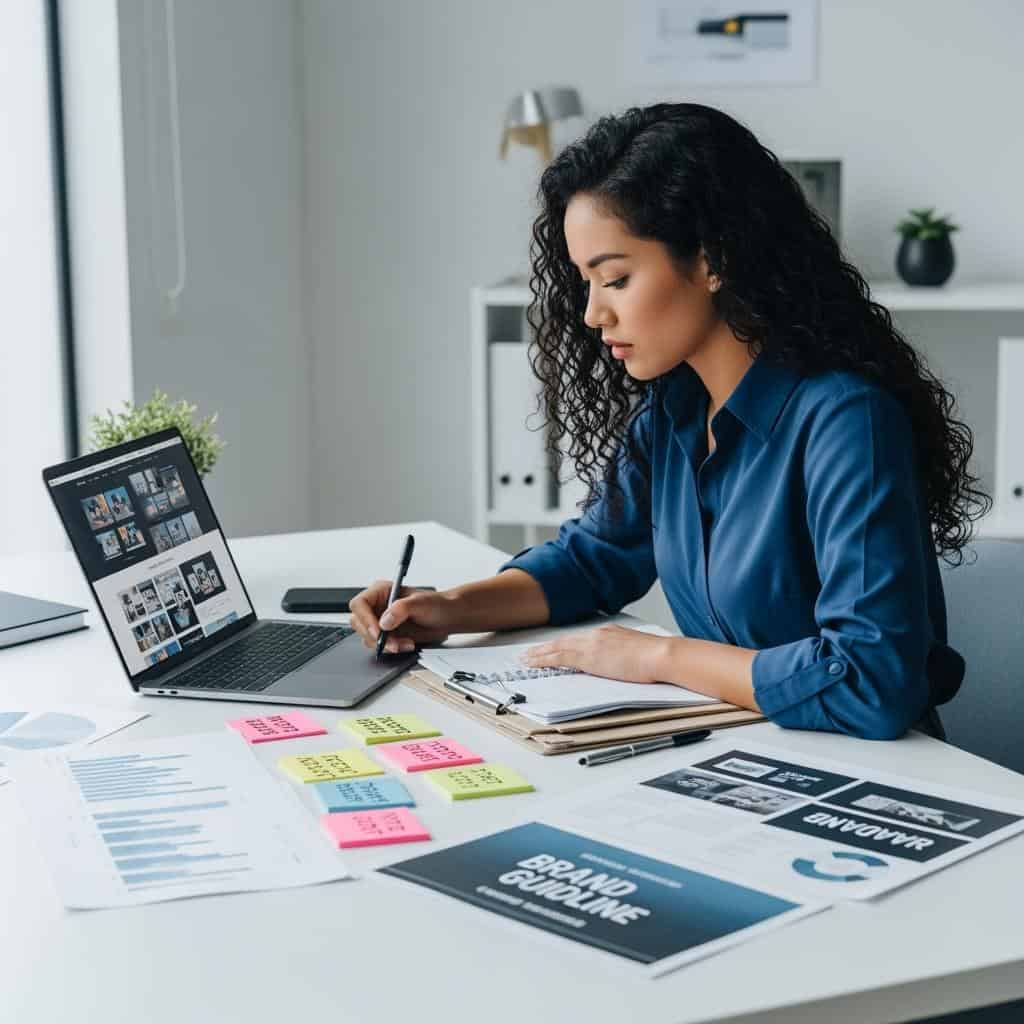 "Business consultant developing naming strategy with brand materials and laptop on modern desk