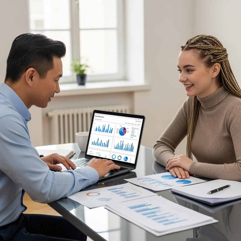 Professional consultant, sitting at a desk with a client, reviewing data analytics dashboard on laptop computer with business charts and reports spread on desk, representing modern consulting report creation and client communication strategies.