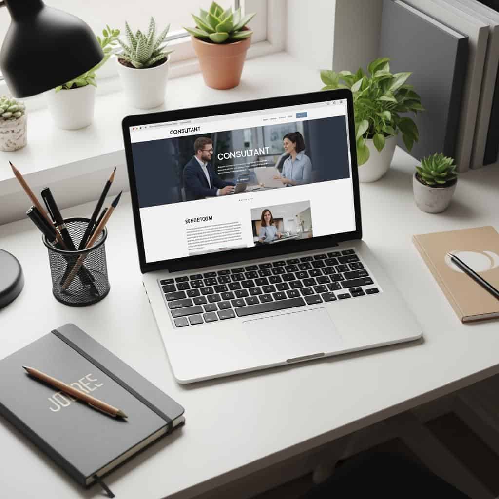A professional consultant's desk viewed from above, showing an open laptop displaying a clean, modern consultant website. The scene is bright and organized, conveying success and professionalism. Natural lighting comes from a nearby window.