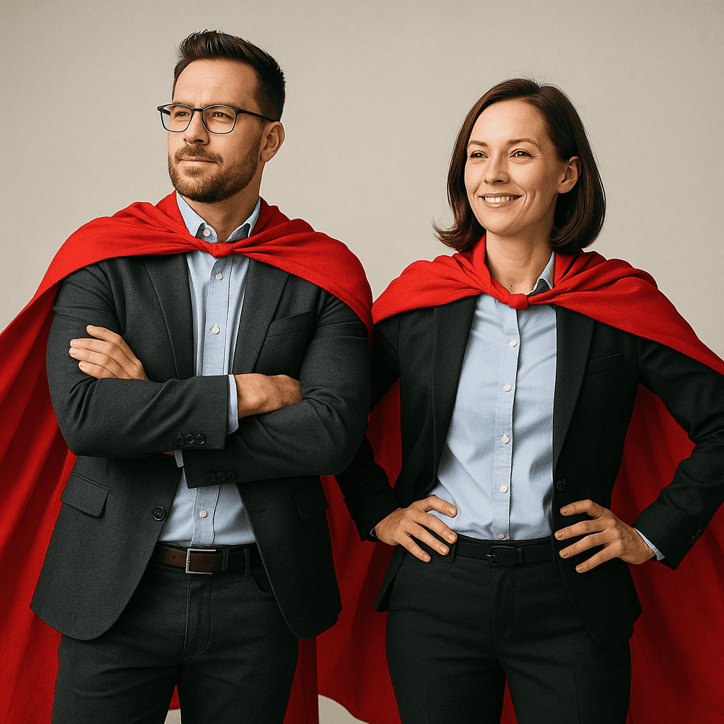 Two professional consultants dressed in a business casual attire in superhero capes. Both a man and a woman as superheroes representing consultants with superpowers.