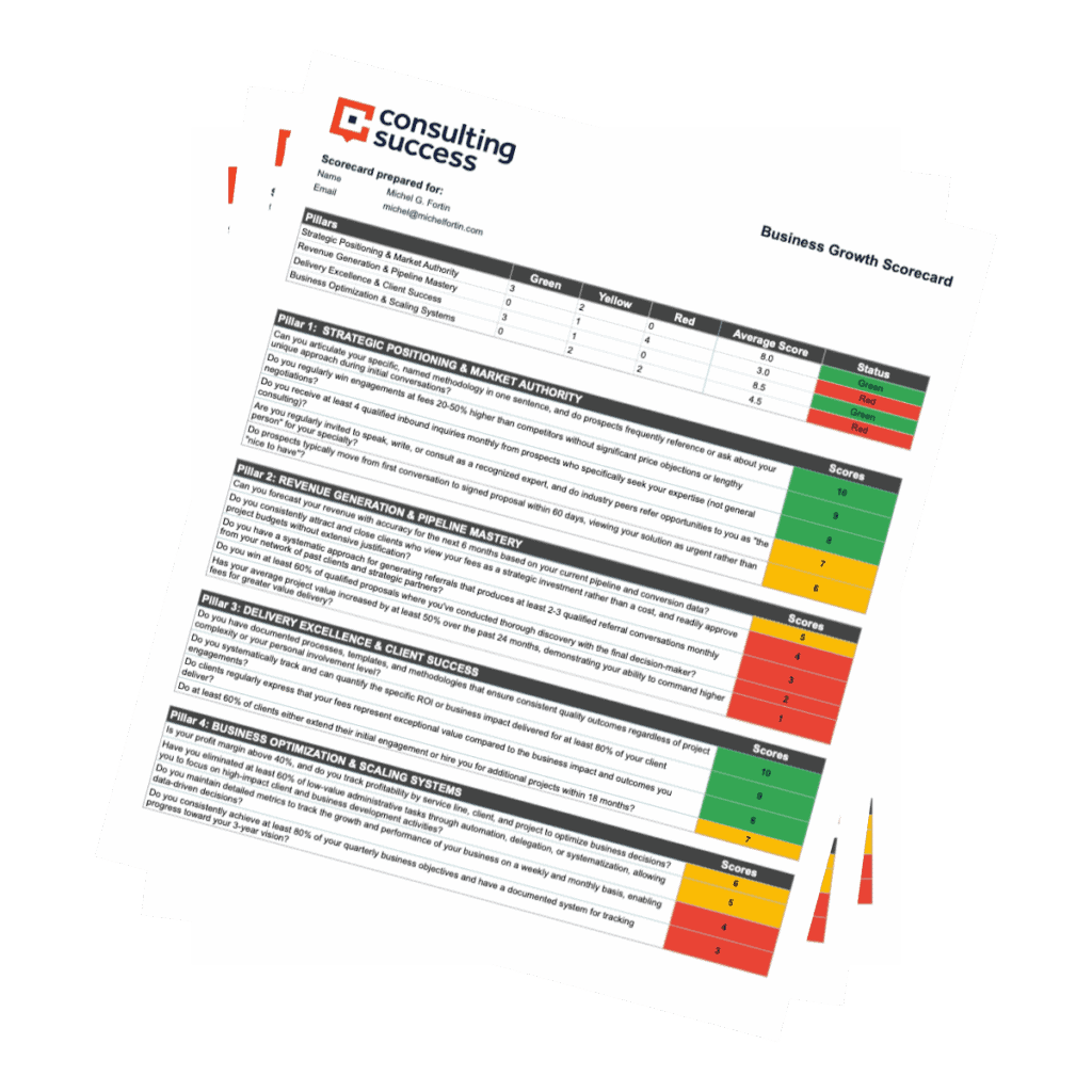 Consulting Success Business Growth Scorecard diagnostic assessment showing strategic planning elements and business evaluation frameworks